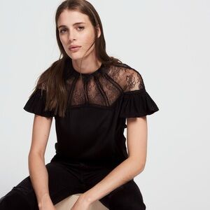 Sandro Silk Top with Lace High Neck Black
